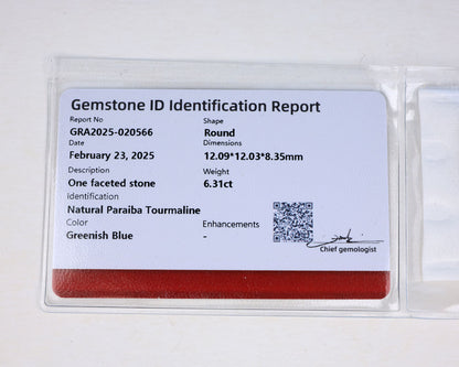 Cerified Paraiba Tourmaline 6.31 ct
