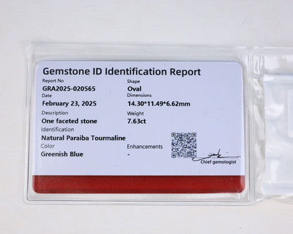 Paraiba Turmalin 7.63 ct certifierad 
