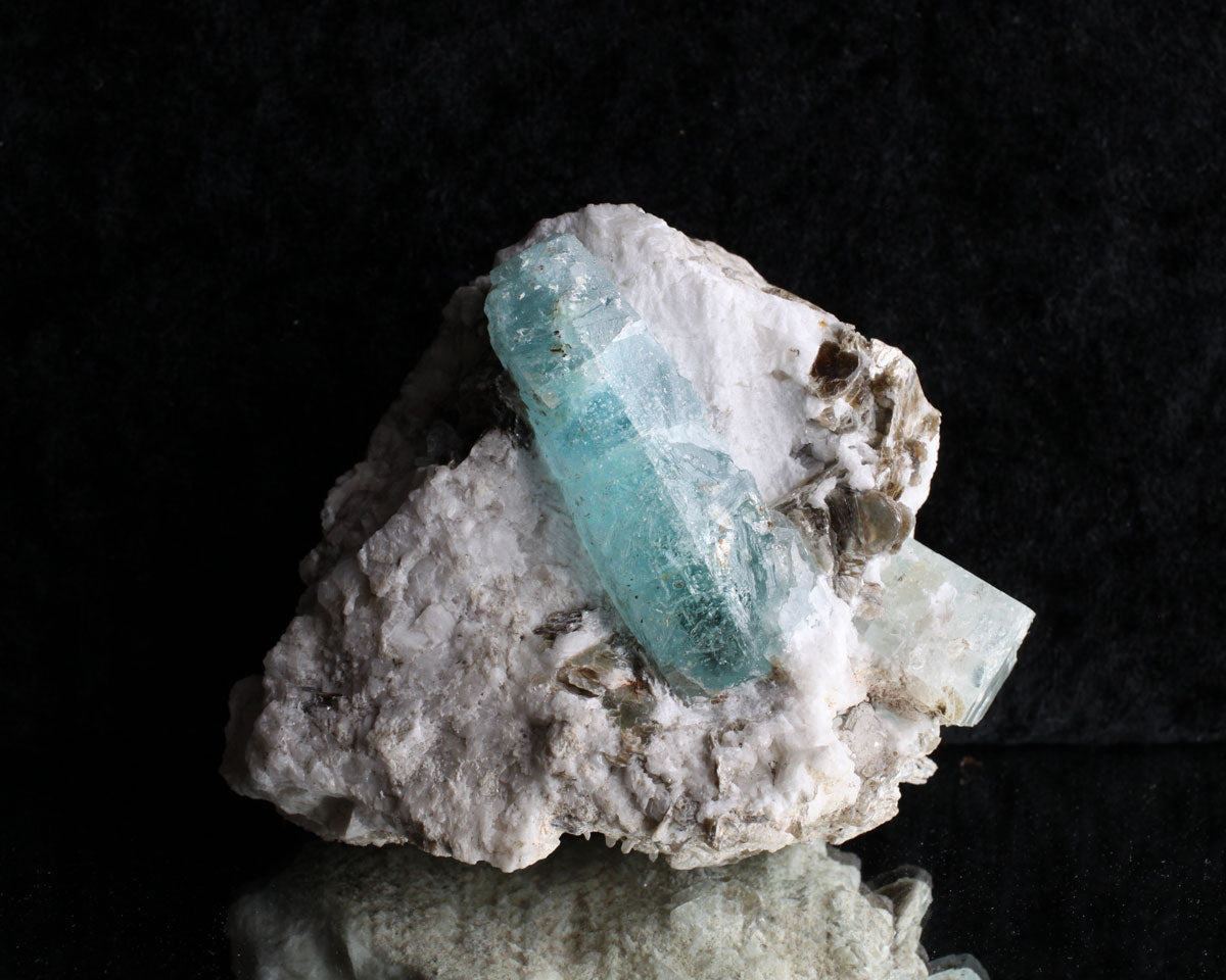 Natural specimen with a clear blue aquamarine crystal on a black background