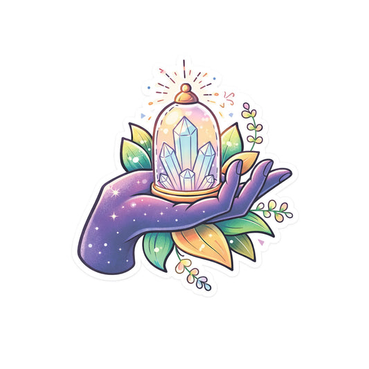 Colorful illustration of a hand holding a crystal in a glass dome with floral elements on a white background.